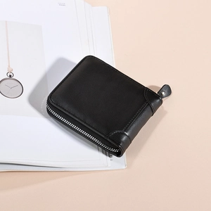 Classic black leather bi-fold wallet for men with secure zipper closure and metal puller