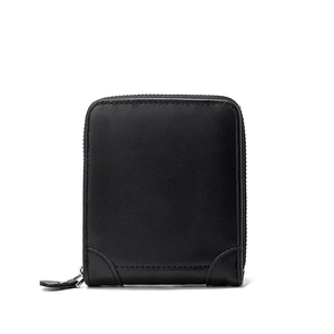 Classic black leather bi-fold wallet for men with secure zipper and silver hardware
