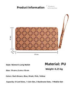 Detailed dimension guide of a brown monogram long wallet with PU leather specs and weight