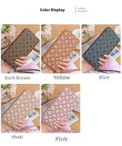 Collage showing five colors of retro patterned long zip wallets with wrist straps