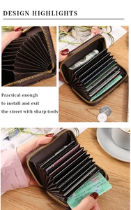 Detailed macro view of an accordion leather card wallet with multiple slots and zipper