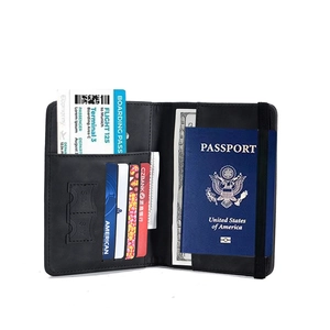 Black PU leather RFID passport holder wallet with travel document slots and elastic strap