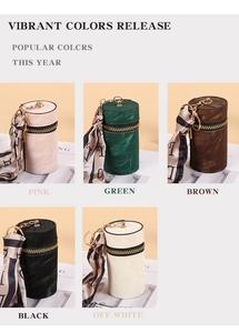 Mini round coin purses with metal zippers and decorative scarves in five vibrant colors