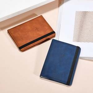Brown and navy PU leather RFID travel passport wallet with elastic strap and aircraft logo