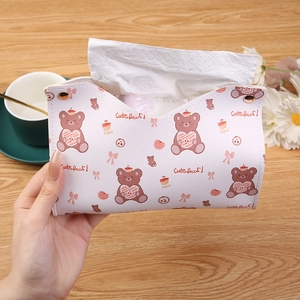Portable white PU leather tissue box cover with cute cartoon bear print and snap closure