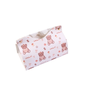 Pink PU leather tissue box cover with cute cartoon bears and rose gold metal buttons
