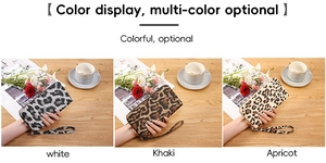 Detailed comparison of long leopard print wallets with wristlets in white, khaki and apricot
