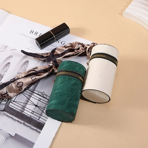 Cylindrical Lipstick Storage Bag Mini PU Leather Portable Keychain Pouch With Printed Scarf Ornament For Earphones And Keys