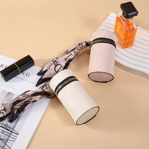 Fashionable cylinder leather coin purse set with floral silk scarf decor in pink and beige