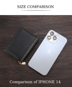 Size comparison between carbon fiber wallet and iPhone 14 on a wooden desk