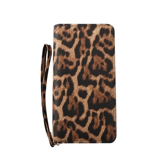 Long leopard print wristlet wallet with leather texture and matching hand strap
