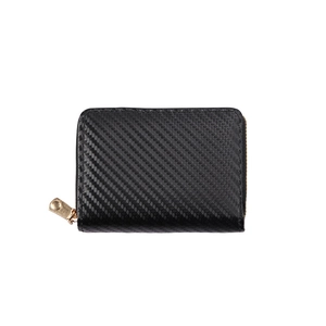 Short black straw-textured zipper wallet for men and women with gold zipper detail