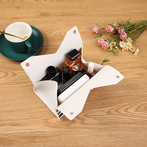 White PU leather desktop tissue box with origami design and gold snap closure