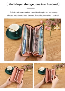 Detailed interior of women's laser PU long wallet with 8 card slots and phone compartment