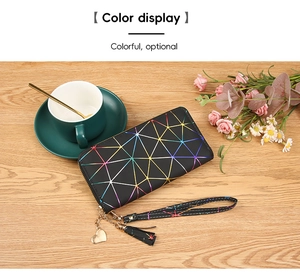 Detailed view of long PU leather zipper wallet with colorful geometric triangle pattern