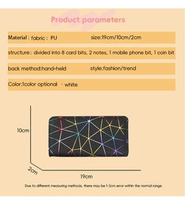 Detailed specs of geometric PU leather long wallet with 8 card slots and phone pocket