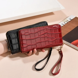 Elegant crocodile embossed long wallets for women with zipper closure and wrist strap