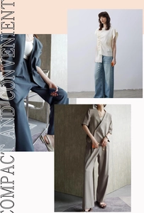 Collage of chic women's office wear featuring pleated shirts and high-waist wide-leg trousers