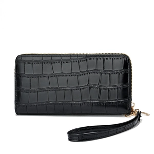 Black crocodile pattern long zipper wallet with gold hardware and a wrist strap