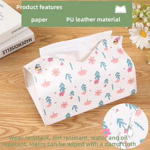 Detail view of cream floral PU leather tissue box with waterproof and oil-proof finish