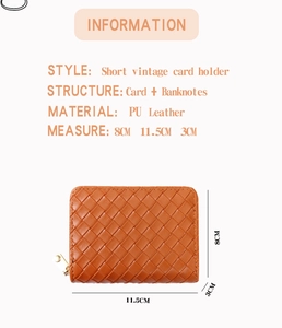 Detail view of woven PU leather card holder with zipper closure and 11.5cm x 8cm dimensions