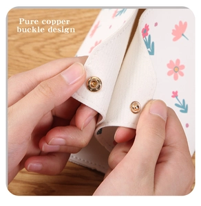 Detail of pure copper buckle design on a floral canvas tissue box with secure snap closure