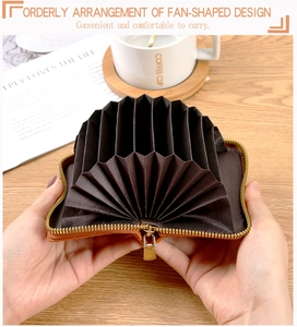 Brown woven texture leather card holder with fan-shaped multi-slot accordion design