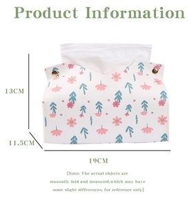 Detailed view of floral leather tissue box cover with metallic snaps and dimensions