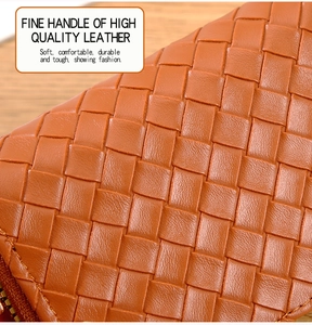 Close-up of caramel brown woven leather texture and side zipper on a large wallet