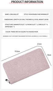 Détails du portefeuille long lilas à motif dentelle montrant les dimensions de 19,5 cm