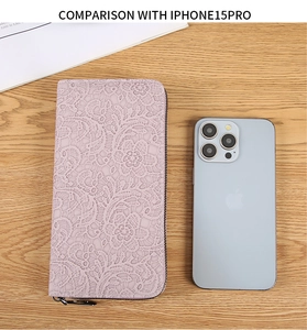 Comparaison de taille du portefeuille lilas texturé dentelle avec un iPhone 15 Pro