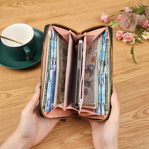 Black sequin long zipper wallet with large capacity interior and smartphone compartment
