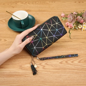 Holographic geometric long wallet for women with rainbow triangle pattern and wrist strap
