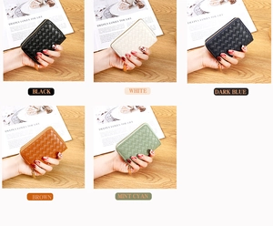 Detailed view of woven texture card holders in black, white, blue, brown, and mint cyan