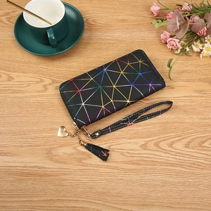 Chic laser PU leather long zip wallet with geometric pattern and heart tassel charm