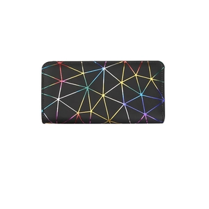Chic laser PU leather long clutch wallet with colorful geometric triangle pattern on black