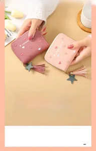 Women's heart embroidered small zip wallet with star tassel pendant and leather texture