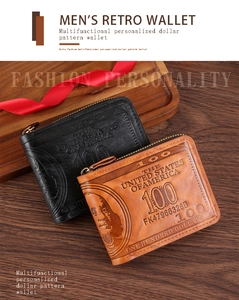 Detail of vintage embossed $100 bill pattern on PU leather wallets in black and brown