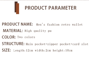 Detailed chart showing PU leather wallet dimensions, internal structure and material specs