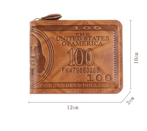 Detailed size chart of vintage brown PU leather men's wallet with embossed dollar pattern