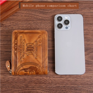 Detail of vintage embossed $100 bill pattern on a brown leather wallet next to a phone