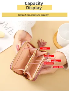 Detail view of pink multi-functional women's wallet showing internal card slots and coin pocket