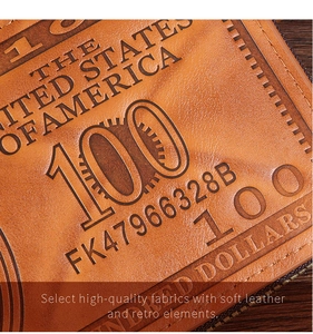 Detailed close-up of retro brown leather wallet with embossed US dollar bill engraving
