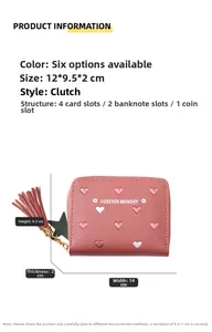 Pink PU leather short wallet featuring heart embroidery and 12x9.5x2cm dimensions