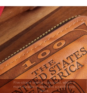Detailed macro view of retro brown PU leather wallet with zipper and five-strand sewing