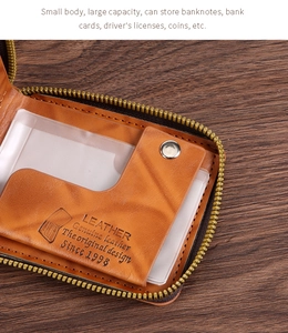 Detail of brown PU leather wallet interior with card slots and metal zipper closure