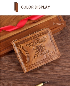 Macro detail of brown PU leather wallet featuring vintage embossed dollar bill patterns