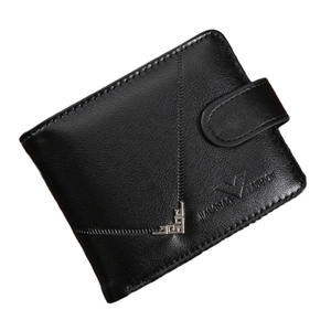 Vintage black leather men's bifold wallet with buckle closure and metal corner detail