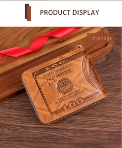 Detail of vintage brown PU leather men's wallet with embossed US dollar bill design