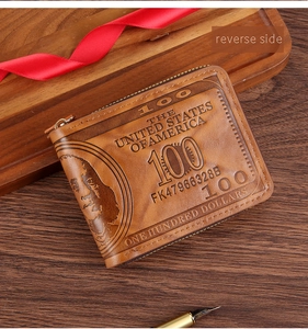 Detailed view of vintage brown PU leather men's wallet with embossed 100 dollar bill pattern
